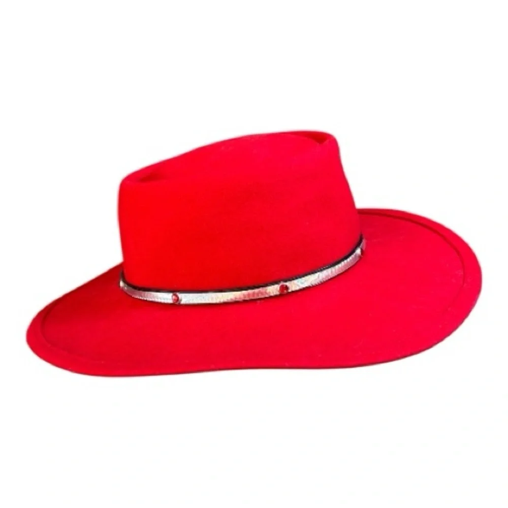 Vintage Lancaster Collection Red Wool Cowgirl Hat Size M Silver Band Red Gems
